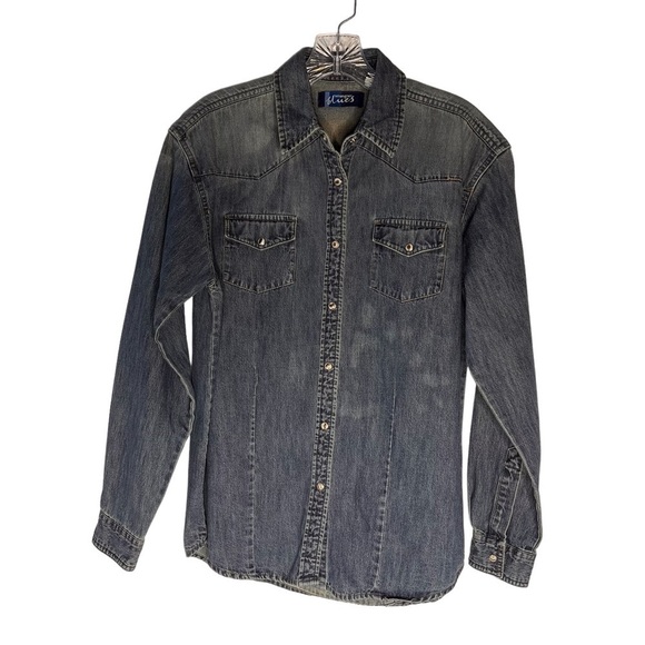 WRANGLER BLUES Distressed Denim Snap Button Long Sleeve Shirt Women's Size S - Picture 12 of 16